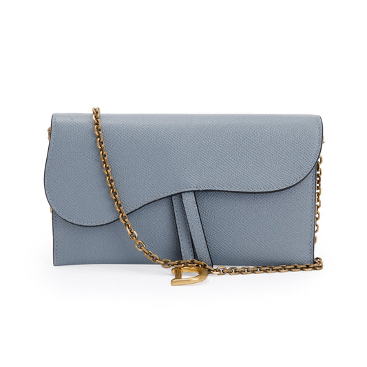 Christian Dior 2022 Blue Grained Calfskin Leather Saddle Chain Pouch Rovelle Bags