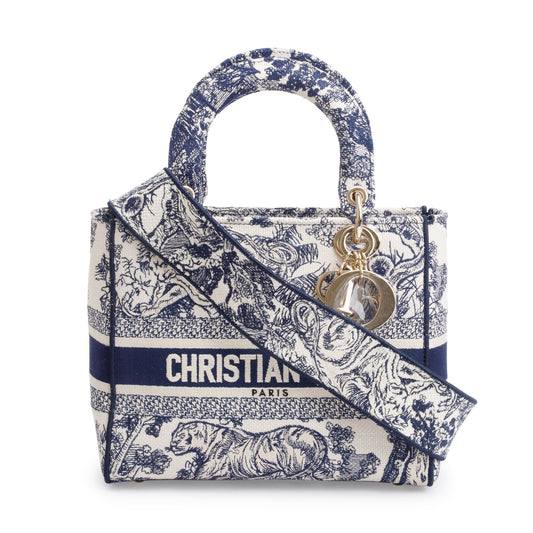 Christian Dior 2022 Blue Toile De Jouy Reverse Embroidery Medium Lady D-Lite Bag Rovelle Bags