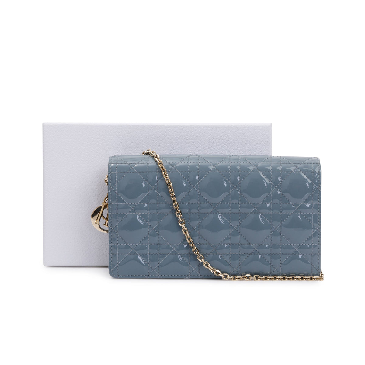 Christian Dior 2022 Cloud Blue Patent Leather Lady Dior Chain Pouch Rovelle Bags