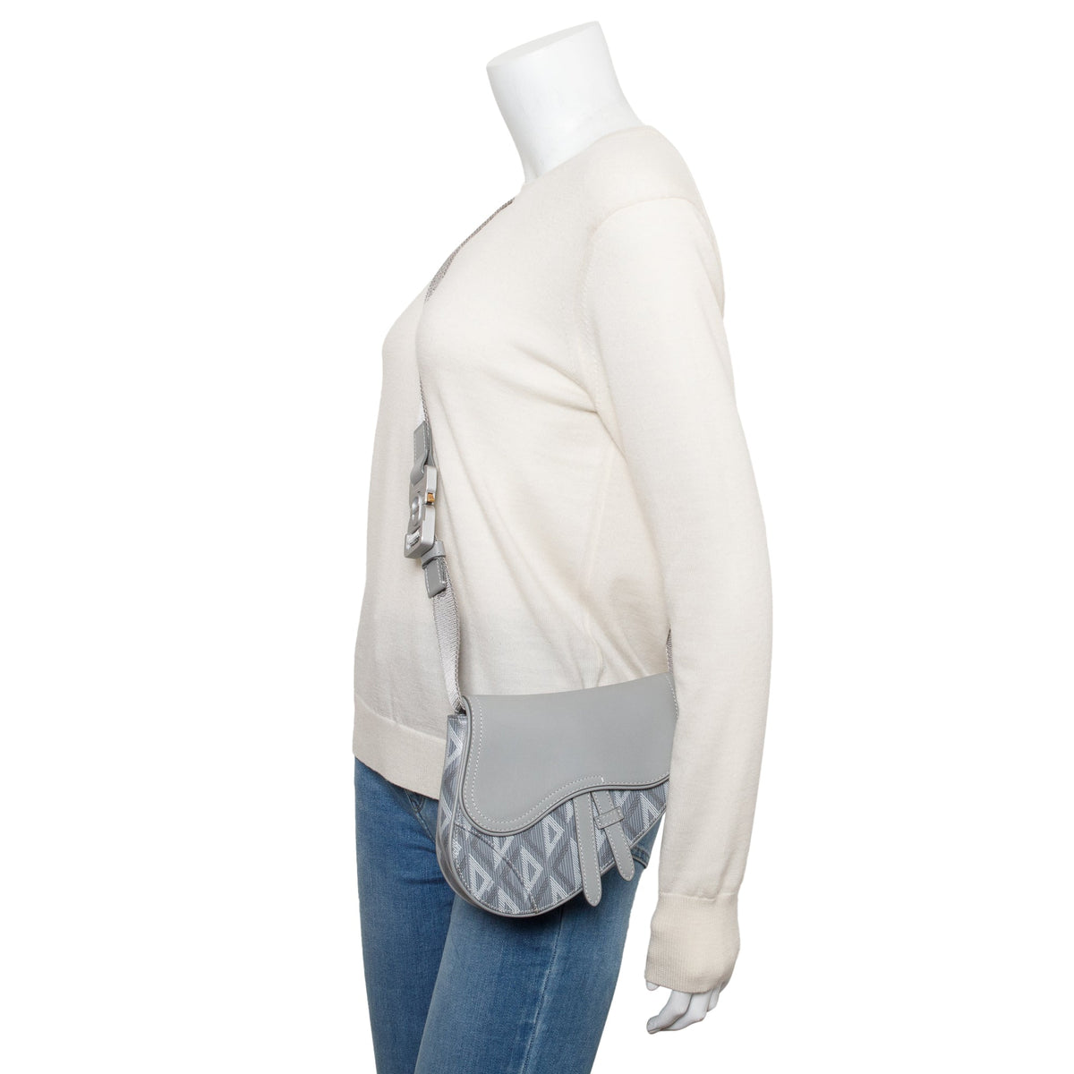 Christian Dior 2022 Grey Calfskin Leather CD Diamond Coated Canvas Mini Saddle Crossbody Bag Rovelle Bags