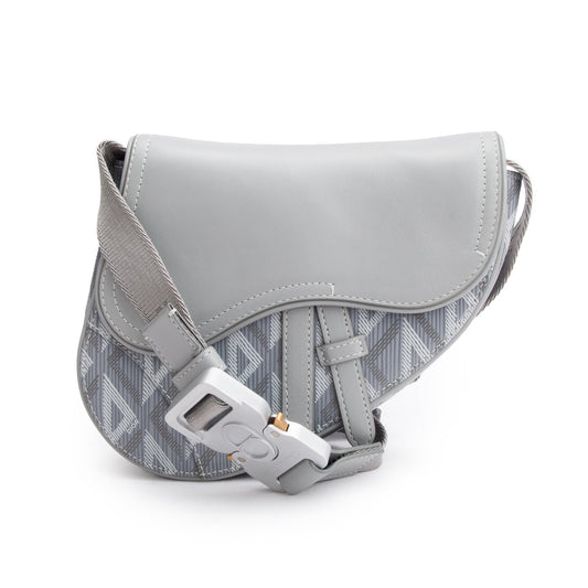 Christian Dior 2022 Grey Calfskin Leather CD Diamond Coated Canvas Mini Saddle Crossbody Bag Rovelle Bags