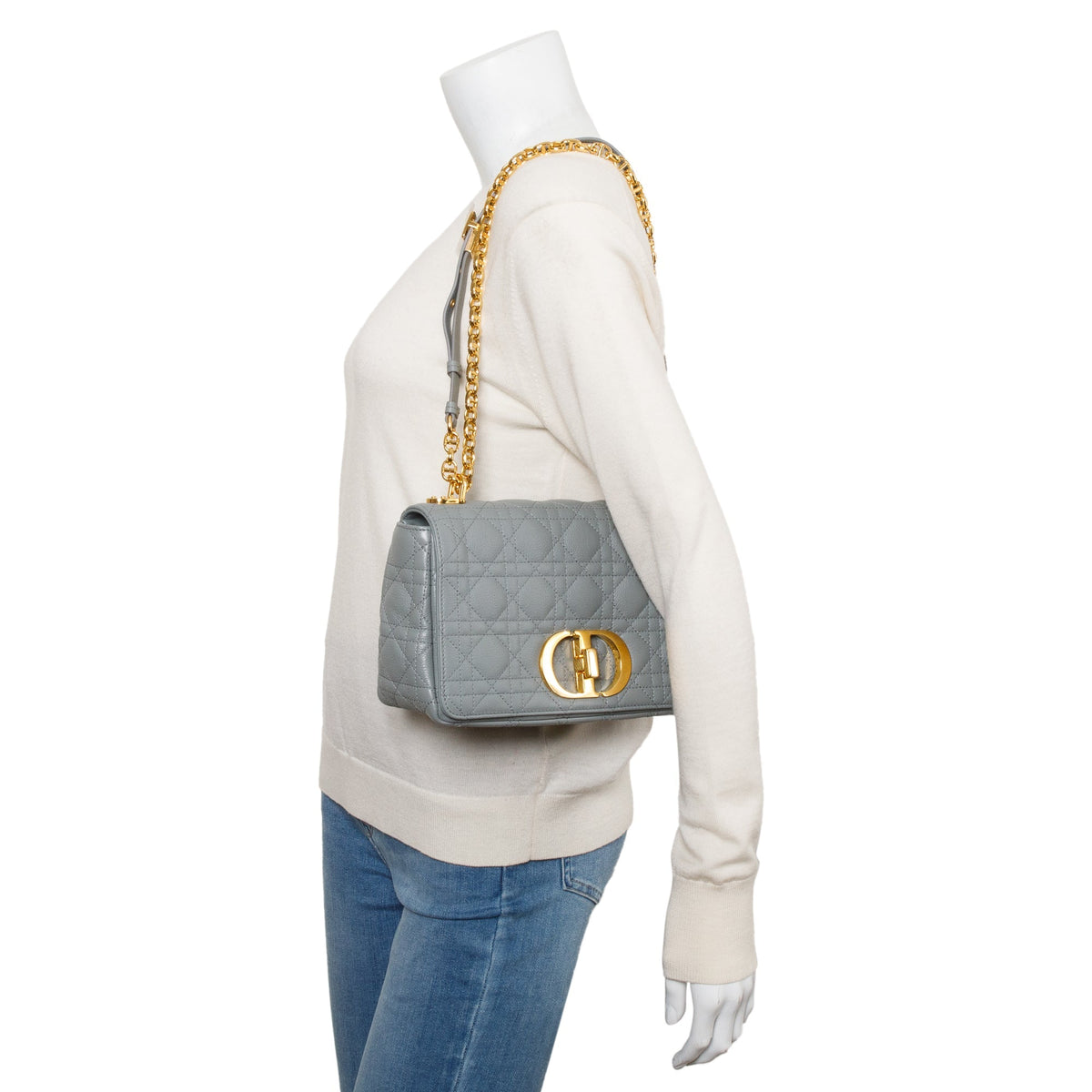 Christian Dior 2022 Grey Supple Cannage Calfskin Leather Medium Dior Caro Bag Rovelle Bags
