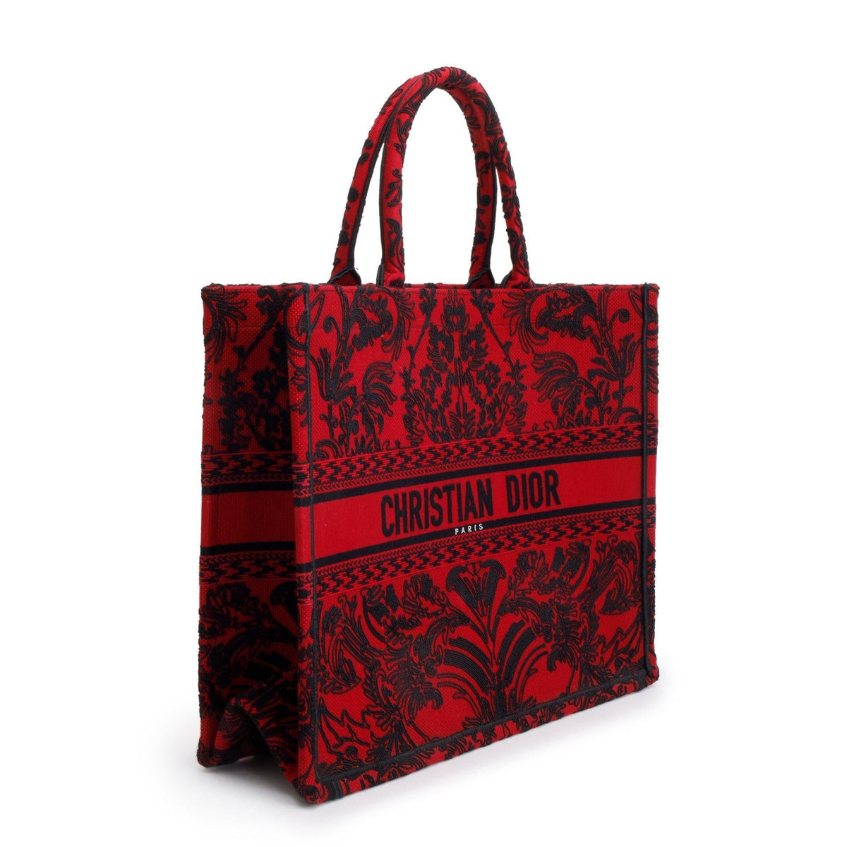 Christian Dior 2022 Large Red and Black Toile de Jouy Embroidery Canvas Book Tote Rovelle Bags