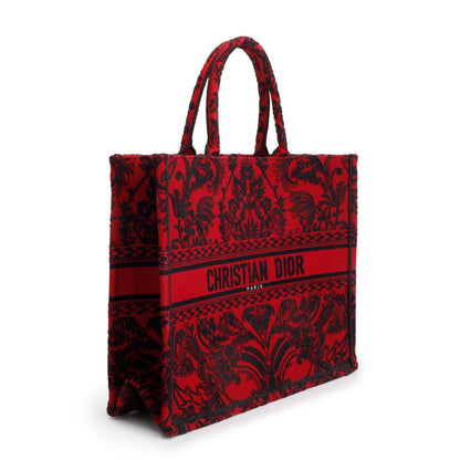Christian Dior 2022 Large Red and Black Toile de Jouy Embroidery Canvas Book Tote Rovelle Bags