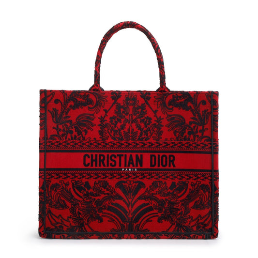 Christian Dior 2022 Large Red and Black Toile de Jouy Embroidery Canvas Book Tote Rovelle Bags
