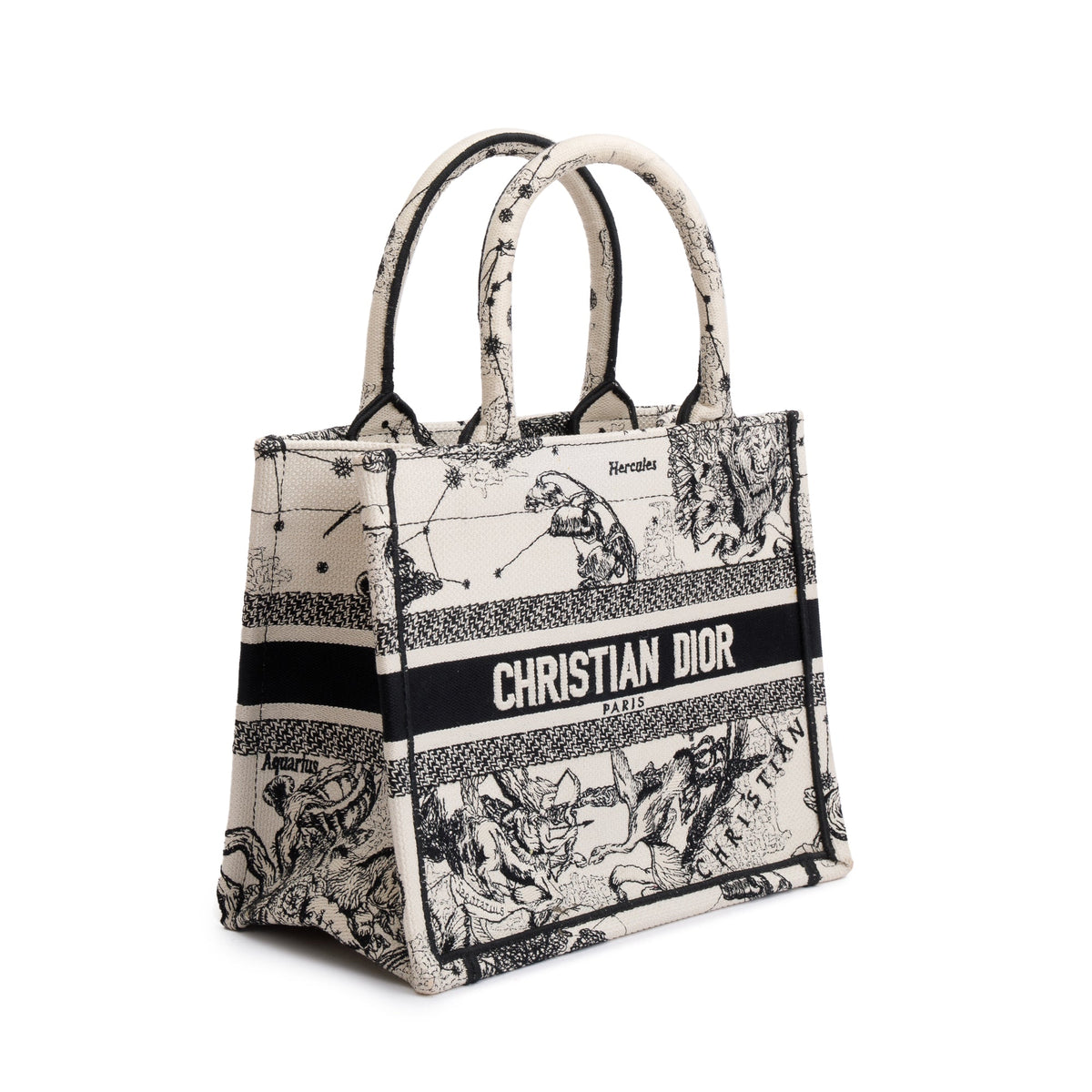 Christian Dior 2022 Latte & Black Toile de Jouy Zodiac Embroidery Small Book Tote Rovelle Bags
