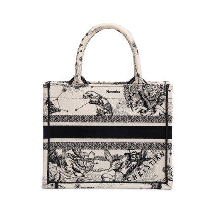 Christian Dior 2022 Latte & Black Toile de Jouy Zodiac Embroidery Small Book Tote Rovelle Bags