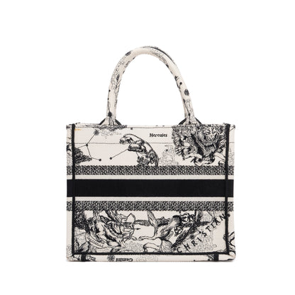Christian Dior 2022 Latte & Black Toile de Jouy Zodiac Embroidery Small Book Tote Rovelle Bags