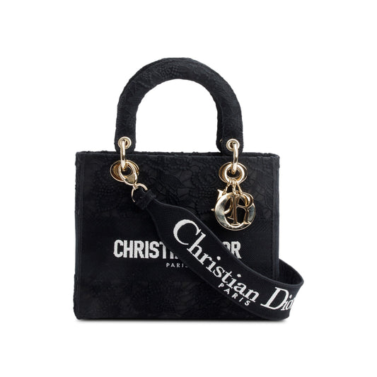 Christian Dior 2023 Black Canvas Medium Lady D-Lace Bag Rovelle Bags