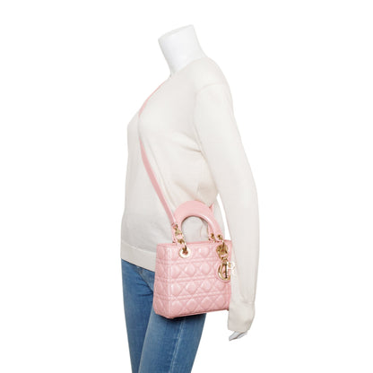Christian Dior 2023 Pink Metallic Cannage Lambskin Leather Small Lady Dior Bag Rovelle Bags
