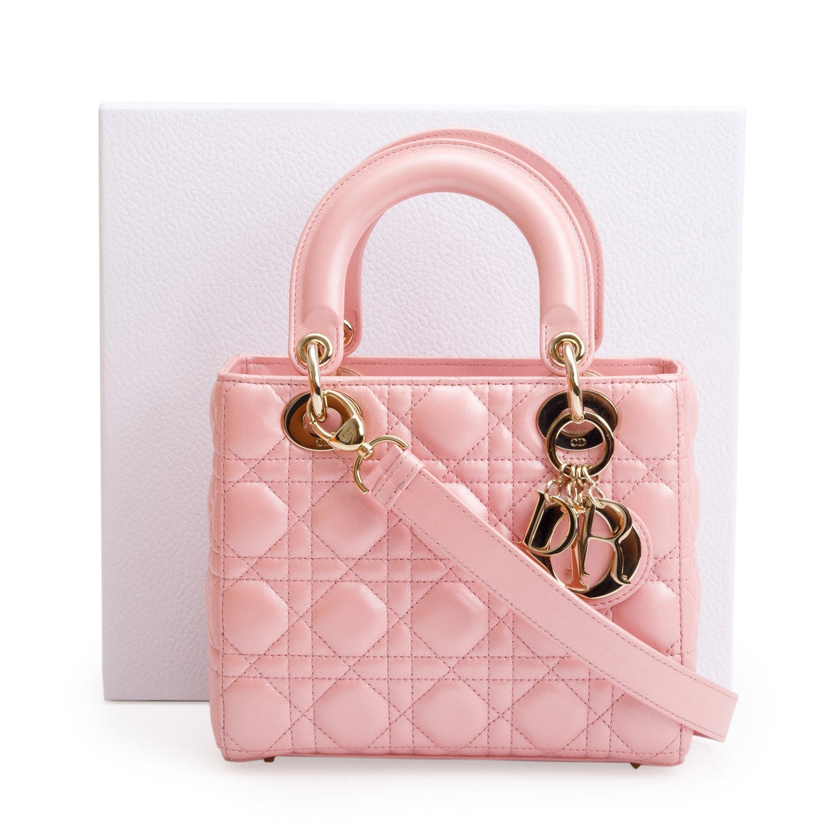 Christian Dior 2023 Pink Metallic Cannage Lambskin Leather Small Lady Dior Bag Rovelle Bags