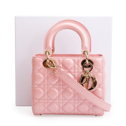 Christian Dior 2023 Pink Metallic Cannage Lambskin Leather Small Lady Dior Bag Rovelle Bags