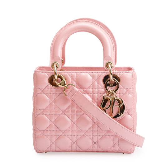 Christian Dior 2023 Pink Metallic Cannage Lambskin Leather Small Lady Dior Bag Rovelle Bags