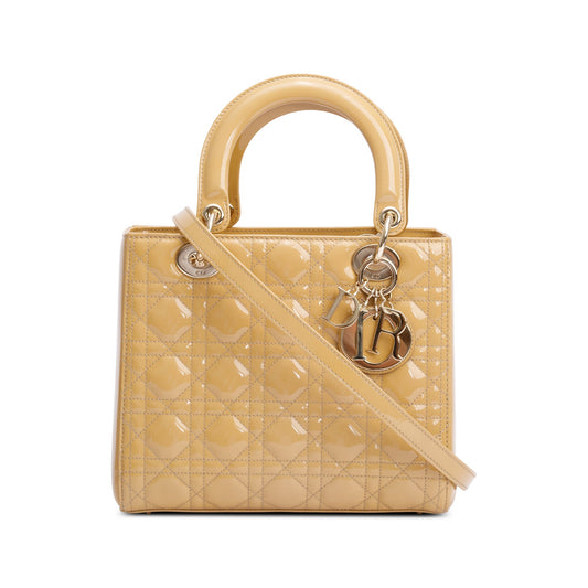 Christian Dior Beige Cannage Patent Leather Medium Lady Dior Bag Rovelle Bags