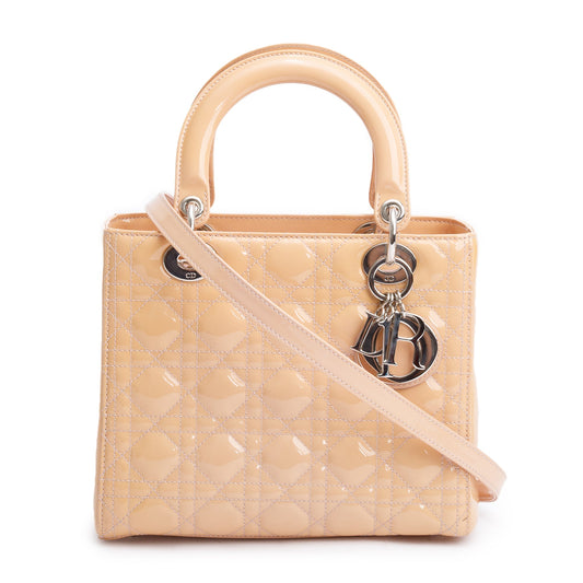 Christian Dior Beige Cannage Patent Leather Small Lady Dior Bag Rovelle Bags