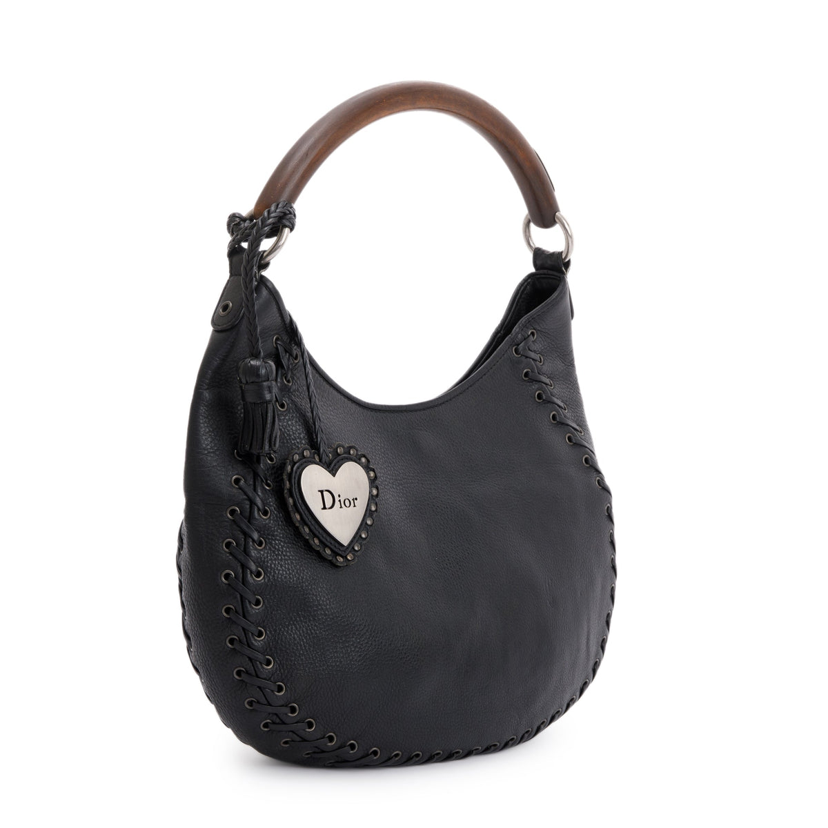 Christian Dior Black Calfskin Leather Wooden Handle Ethnic Braided Hobo Rovelle Bags