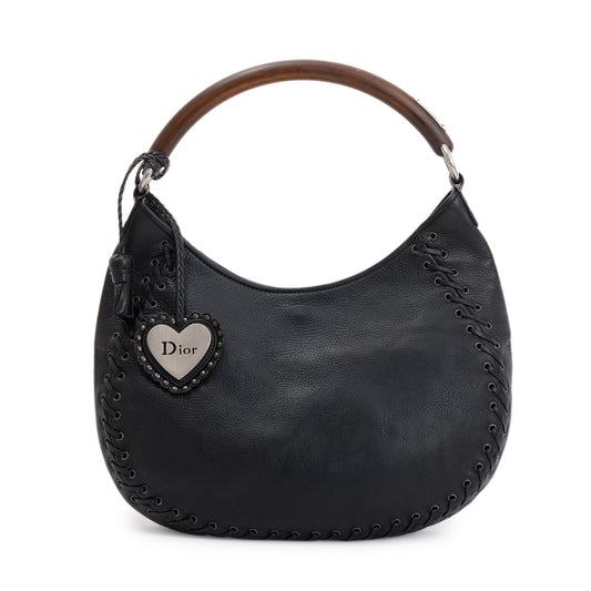 Christian Dior Black Calfskin Leather Wooden Handle Ethnic Braided Hobo Rovelle Bags