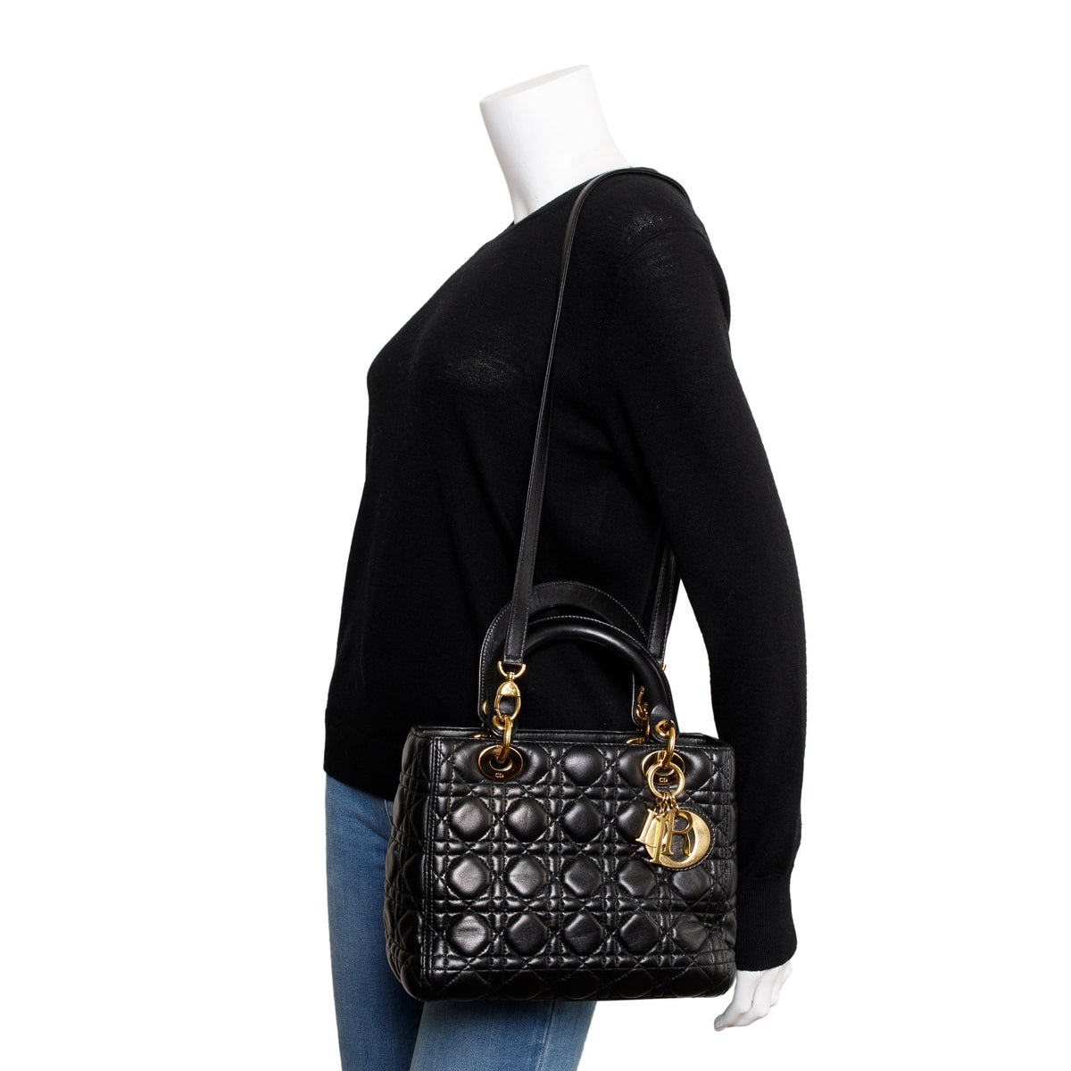Christian Dior Black Cannage Lambskin Leather Medium Lady Dior Bag Rovelle Bags