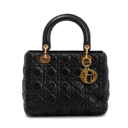Christian Dior Black Cannage Lambskin Leather Medium Lady Dior Bag Rovelle Bags