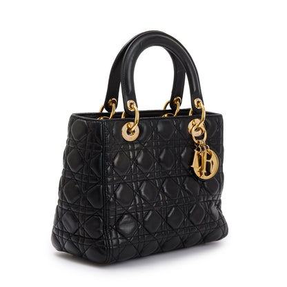 Christian Dior Black Cannage Lambskin Leather Medium Lady Dior Bag Rovelle Bags