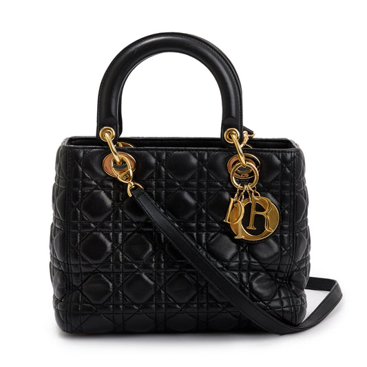 Christian Dior Black Cannage Lambskin Leather Medium Lady Dior Bag Rovelle Bags