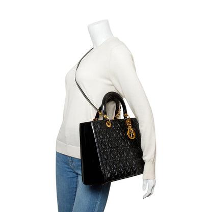 Christian Dior Black Cannage Patent Leather Large Lady Dior Bag Rovelle Bags