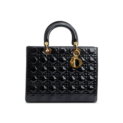 Christian Dior Black Cannage Patent Leather Large Lady Dior Bag Rovelle Bags