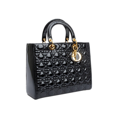 Christian Dior Black Cannage Patent Leather Large Lady Dior Bag Rovelle Bags