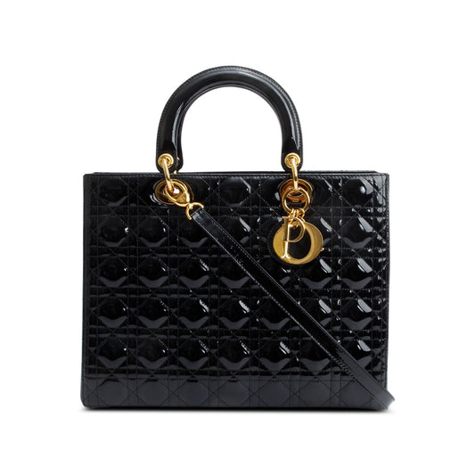 Christian Dior Black Cannage Patent Leather Large Lady Dior Bag Rovelle Bags