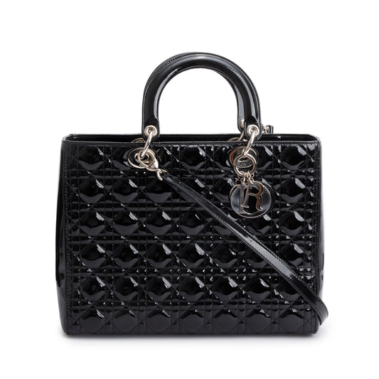 Christian Dior Black Cannage Patent Leather Large Lady Dior Bag Rovelle Bags
