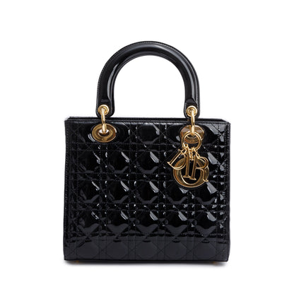 Christian Dior Black Cannage Patent Leather Medium Lady Dior Bag Rovelle Bags