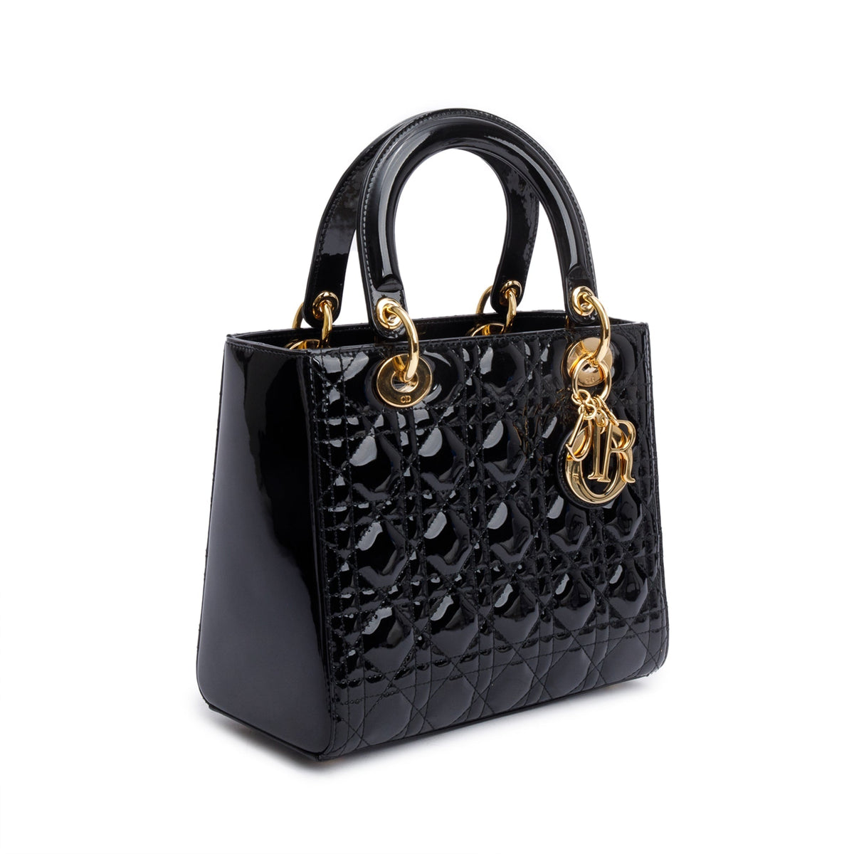 Christian Dior Black Cannage Patent Leather Medium Lady Dior Bag Rovelle Bags