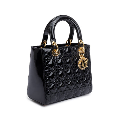 Christian Dior Black Cannage Patent Leather Medium Lady Dior Bag Rovelle Bags