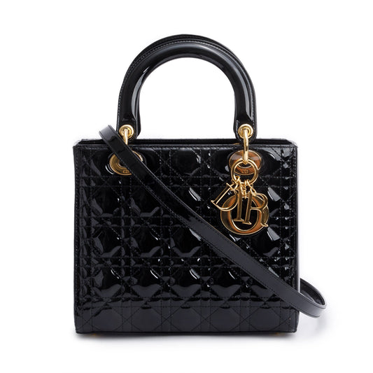 Christian Dior Black Cannage Patent Leather Medium Lady Dior Bag Rovelle Bags