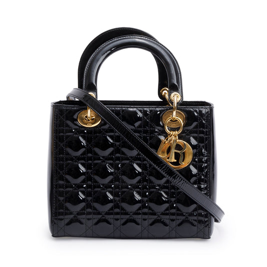 Christian Dior Black Cannage Patent Leather Medium Lady Dior Bag Rovelle Bags