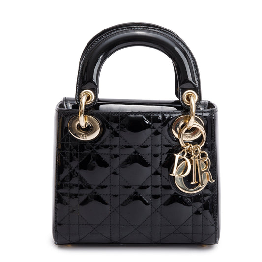 Christian Dior Black Cannage Patent Leather Mini Lady Dior Bag Rovelle Bags