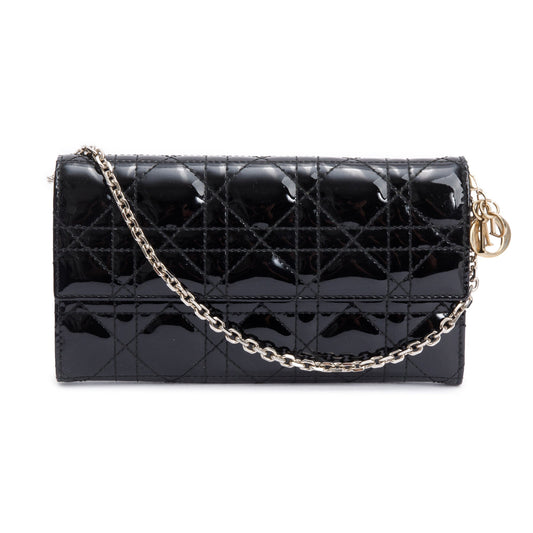 Christian Dior Black Cannage Patent Leather Rendezvous Wallet on Chain Rovelle Bags
