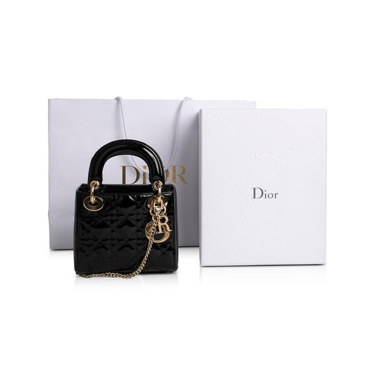 Christian Dior Black Patent Mini Lady Dior Bag Rovelle Bags