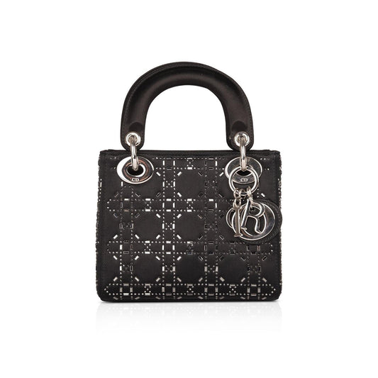Christian Dior Black Strass Cannage Satin Mini Lady Dior Bag Rovelle Bags