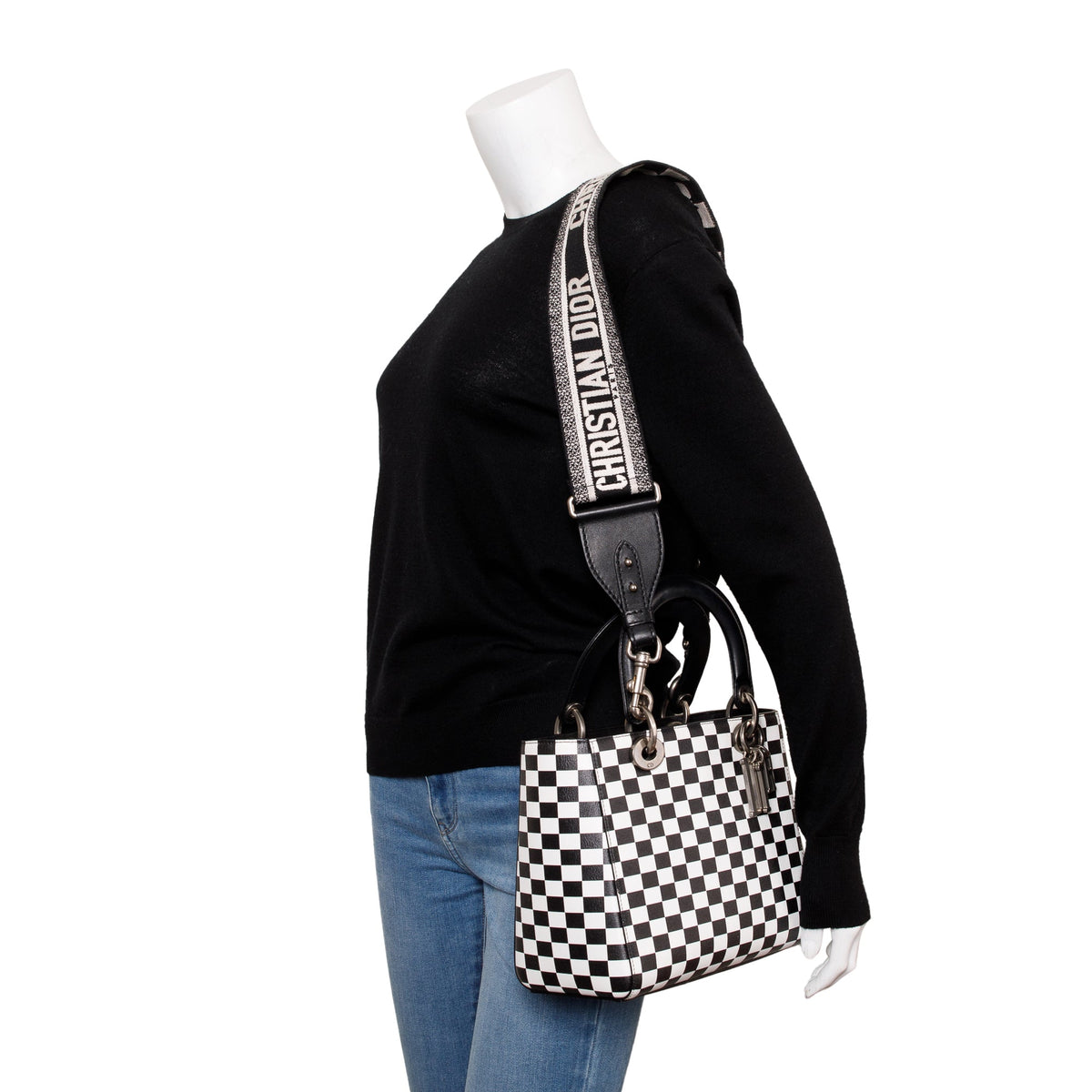 Christian Dior Black & White Check Print Leather Medium Lady Dior Bag Rovelle Bags