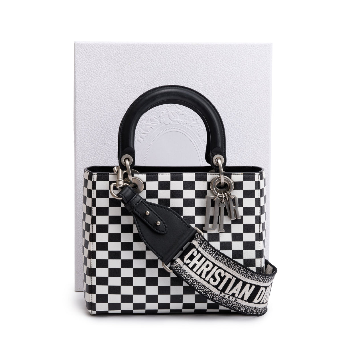 Christian Dior Black & White Check Print Leather Medium Lady Dior Bag Rovelle Bags