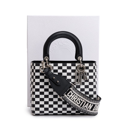 Christian Dior Black & White Check Print Leather Medium Lady Dior Bag Rovelle Bags