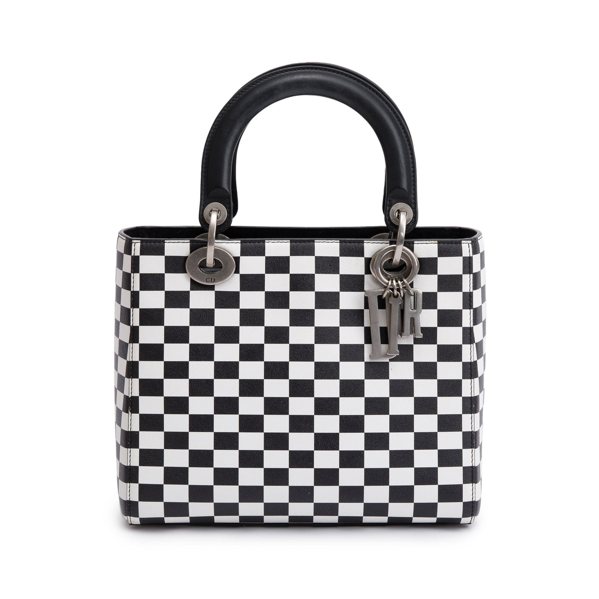 Christian Dior Black & White Check Print Leather Medium Lady Dior Bag Rovelle Bags