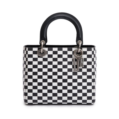 Christian Dior Black & White Check Print Leather Medium Lady Dior Bag Rovelle Bags