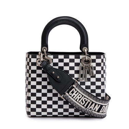 Christian Dior Black & White Check Print Leather Medium Lady Dior Bag Rovelle Bags
