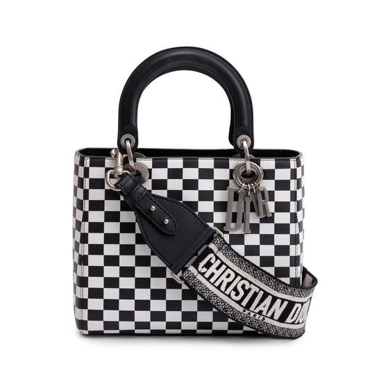 Christian Dior Black & White Check Print Leather Medium Lady Dior Bag Rovelle Bags
