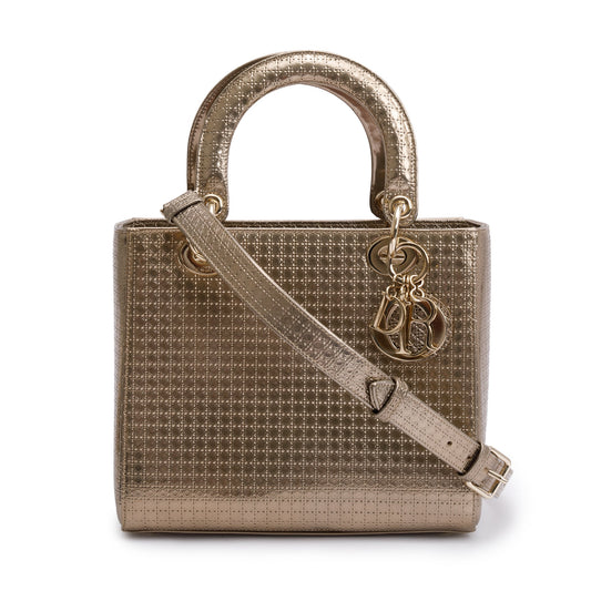 Christian Dior Gold Metallic Microcannage Patent Leather Medium Lady Dior Bag Rovelle Bags