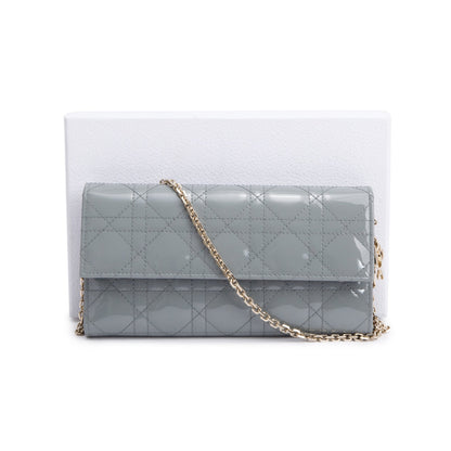 Christian Dior Grey Cannage Patent Leather Lady Dior Rendezvous Wallet on Chain Rovelle Bags
