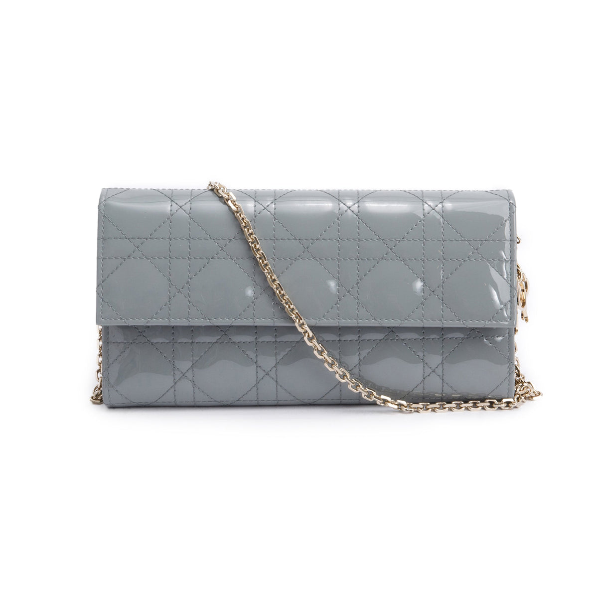 Christian Dior Grey Cannage Patent Leather Lady Dior Rendezvous Wallet on Chain Rovelle Bags