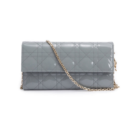 Christian Dior Grey Cannage Patent Leather Lady Dior Rendezvous Wallet on Chain Rovelle Bags
